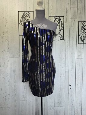 Va Va Voom Blue Silver Sequin One Shoulder Bodycon Party Dress Size L Holiday